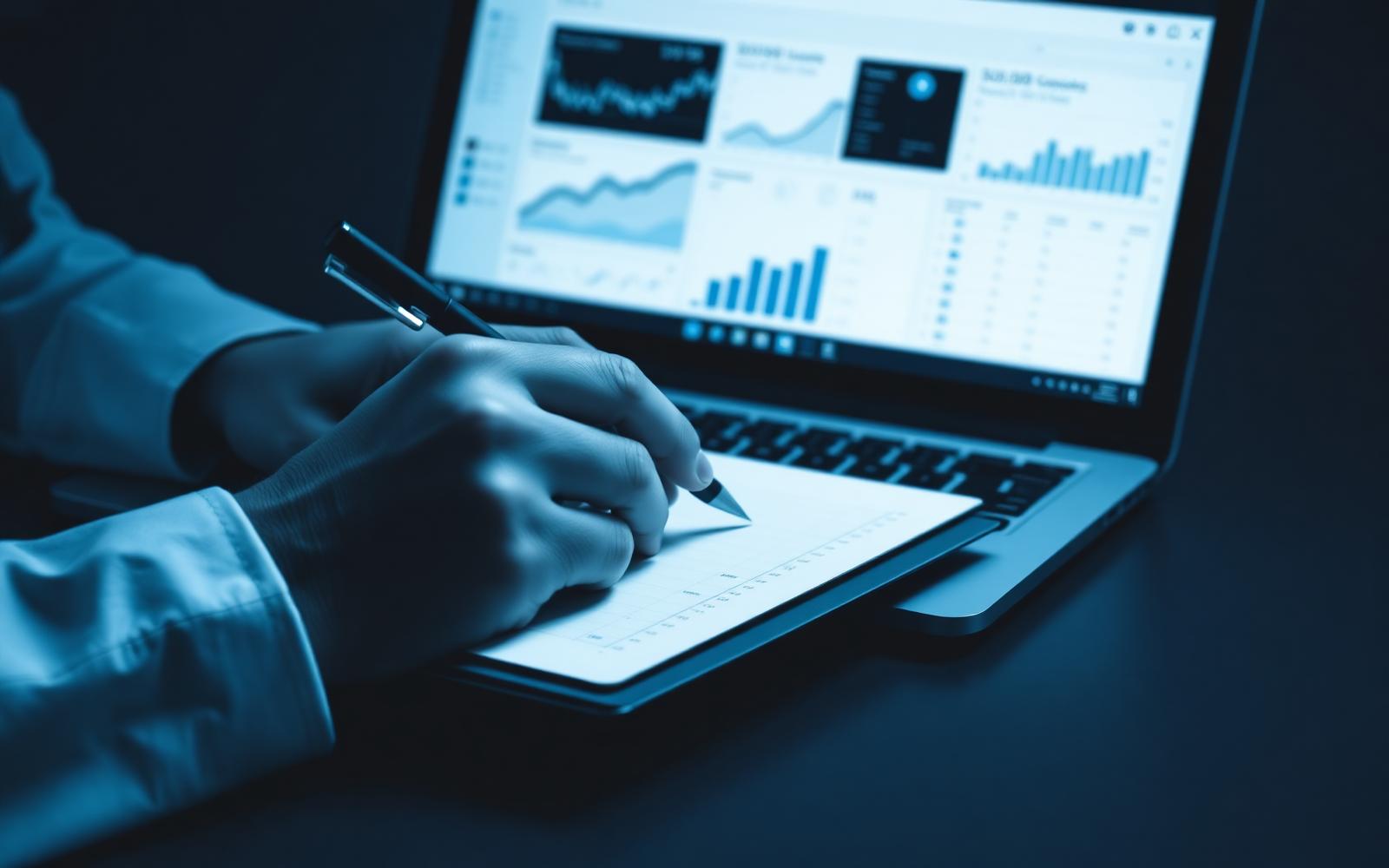 Mão de profissional analisando dashboard de performance ao lado de notebook